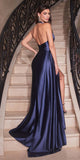 Ladivine CH079 Floor Length Fitted Halter Satin Gown Leg Slit Side Sash