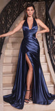 Ladivine CH079 Floor Length Fitted Halter Satin Gown Leg Slit Side Sash
