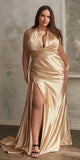 Ladivine CH079 Floor Length Fitted Halter Satin Gown Leg Slit Side Sash