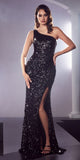 Ladivine CH118 Long One Shoulder Sequin Gown with Slit