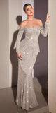Cinderella Divine CH135 Long Sequin Off the Shoulder Long Sleeve Gown