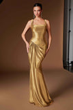Ladivine CH2604 Square Neck Satin Fitted Evening Gown with Draped Waist