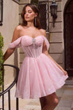 Ladivine CJ420 Off-Shoulder Glitter Tulle Short Dress with Corset Back