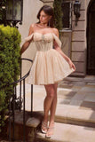 Ladivine CJ420 Off-Shoulder Glitter Tulle Short Dress with Corset Back