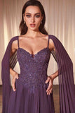 Ladivine CJ937 Pleated A-Line Gown With Cape Sleeves
