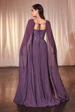 Ladivine CJ937 Pleated A-Line Gown With Cape Sleeves