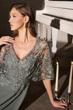Ladivine CL10 Mother of the Bride V-Neckline Lace Bodice A-Line Gown