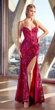 Ladivine CM334 Long Fitted Sheath Floral Sequin Motif Gown Corset Bodice