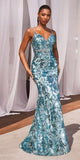 Ladivine CM350 Long Floral Sequin Print Fitted Evening Gown