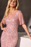 Ladivine CR887 Scoop Neck Flutter Sleeve Beaded Tulle Overlay Formal Gown