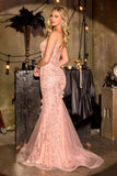 Ladivine CT264 Floral Applique V-Neckline Fitted Evening Dress