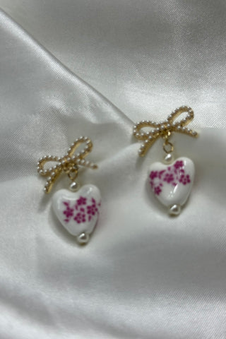 Pink Belle Ceramic Heart Bow Earrings