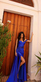 Nox Anabel E1239 Floor Length Satin Gown Side Sash with Leg Slit