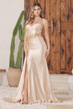 Nox Anabel E1239 Floor Length Satin Gown Side Sash with Leg Slit