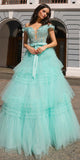 Nox Anabel E1293 Long Off the Shoulder Sweetheart Ruffled Tiered Tulle Gown