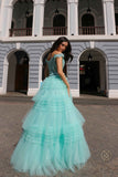 Nox Anabel E1293 Long Off the Shoulder Sweetheart Ruffled Tiered Tulle Gown