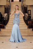 Nox Anabel E1532 Satin Sequin Applique Boned Waist Mermaid Dress