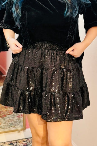 Dancing Midnight Wishes Black Tiered Sequin Mini Skort