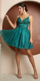 Nox Anabel E779 Plunging V-Neck Embroidered Bodice Short Dress