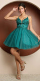 Nox Anabel E779 Plunging V-Neck Embroidered Bodice Short Dress