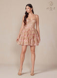 CLEARANCE - Nox Anabel E914 Short Applique Tiered A-Line Rose Gold Dress (Size 6, 12)