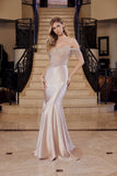 Nox Anabel F1568 Satin Beaded Off-Shoulder Boned Waistline Dress