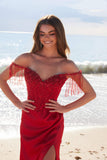 Nox Anabel F1571 Fringed Off-Shoulder Sequin Sweetheart Neckline Dress
