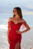Nox Anabel F1571 Fringed Off-Shoulder Sequin Sweetheart Neckline Dress