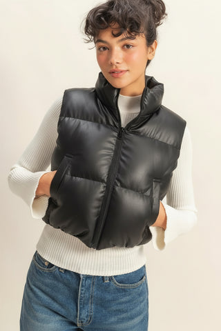 Moonlit Faux Leather Cropped Puffer Vest