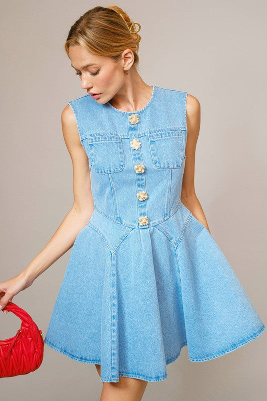 Bejeweled Denim Flare Dress L Bejeweled Denim Flare Dress L