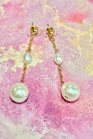 Pearl & Crystal Teardrop Chain Earrings – Gold
