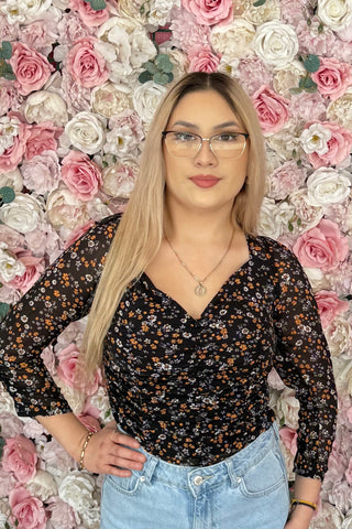 Midnight Florals Ruched Tie-Back Blouse