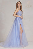 Nox Anabel G1149 Floor Length A-Line Tulle Gown with Slit