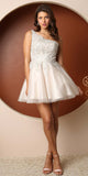 Nox Anabel H774 One Shoulder Embroidered Bodice Short A-Line Dress