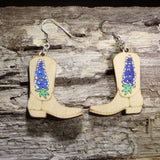 Bluebonnet Cowboy Boot Wooden Earrings | Texas Wildflower Jewelry