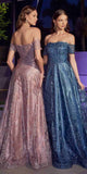 Ladivine J835 Floor Length Off the Shoulder A-line Glitter Print Gown
