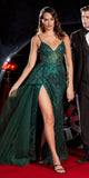 Cinderella Divine J847 Long Fit And Flare Glitter Print Gown with Side Peplum