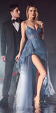 Cinderella Divine J847 Long Fit And Flare Glitter Print Gown with Side Peplum