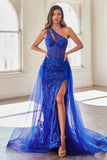 Ladivine J869 Long Fitted Tulle One Shoulder Strap Illusion Neck Gown
