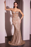 Ladivine J871 Long Sultry Fitted Strapless Embellished Prom Gown