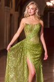 Ladivine J872 Long Strapless Glitter Embellished Leg Slit Evening Gown