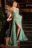Ladivine J872 Long Strapless Glitter Embellished Leg Slit Evening Gown