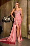 Ladivine J875 Fitted Strapless Sparkle and Lace Dress