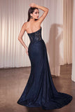 Ladivine J875 Fitted Strapless Sparkle and Lace Dress