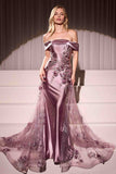 Ladivine J876 Dress Embellished Satin Fitted Gown With Tulle Overskirt