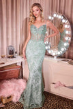 CLEARANCE - Ladivine J889 Hand Placed Applique Shimmering Sequin Fitted Gown (Size 10)