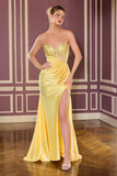 Ladivine J899 Sleek Fitted Gown Strapless Luxe Satin With Leg Slit