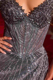 Ladivine J903 Lavish Crystal Encrusted Sheer Corset Bodice Fitted Gown