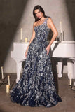 Ladivine J909 One Shoulder 3D Floral Applique Full Lace Beaded A-Line Gown