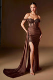 Ladivine J914 Off the Shoulder Fitted Side Sash Sweetheart Gown